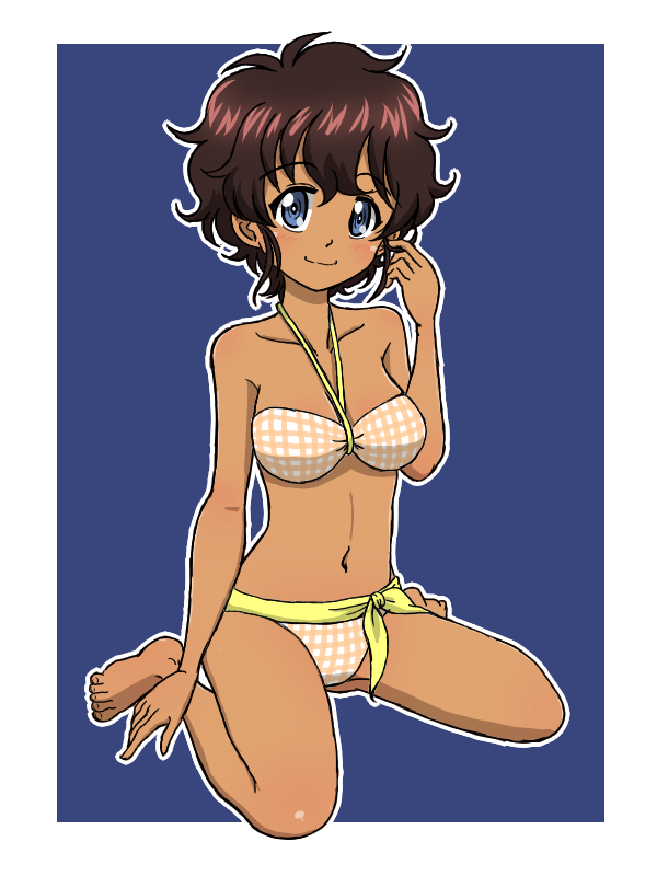 1girl barefoot bikini blue_background blue_eyes breasts brown_hair closed_mouth commentary dark-skinned_female dark_skin full_body girls_und_panzer halterneck looking_at_viewer medium_breasts navel outline short_hair sitting smile solo suzuki_(girls_und_panzer) swimsuit takahashi_kurage wariza white_outline yellow_bikini
