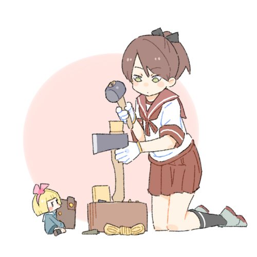 2girls axe black_ribbon black_socks brown_hair closed_mouth dot_mouth fairy_(kancolle) full_body gloves green_eyes grey_footwear hair_ribbon hatchet_(axe) holding holding_axe holding_mallet jibakurei_(elite_unchi) kantai_collection kneehighs kneeling lowres mallet mini_person minigirl multiple_girls pleated_skirt ponytail red_background red_sailor_collar red_skirt ribbon sailor_collar school_uniform serafuku shikinami_(kancolle) shoes short_hair short_ponytail short_sleeves simple_background size_difference skirt socks string swept_bangs tree_stump two-tone_background white_background white_gloves work_gloves