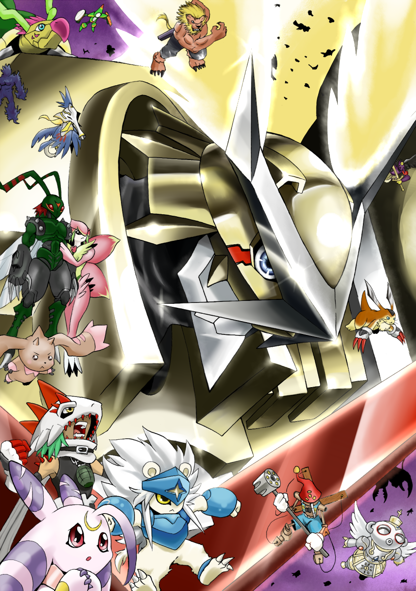 archelomon blue_eyes bluemeramon claws couple digimon digimon_(creature) digimon_xros_wars doguu fusion hat highres horns iguneetmon karatenmon leomon lilamon lion_boy lopmon lunamon mercuremon pinochimon prairiemon seahomon shakkoumon shoutmon_x7 shoutmon_x7_superior_mode silhouette spadamon stingmon yellow_eyes