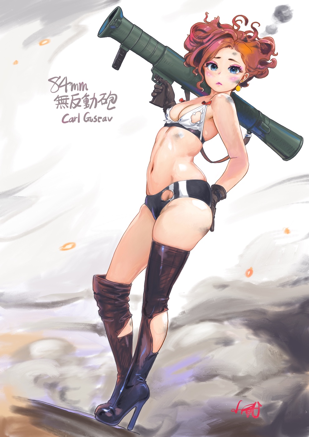 1girl :&lt; artillery bare_shoulders bikini bikini_top_only blue_eyes blush boots bow breasts buruma carina_(xiaowoo) carl_gustaf_8.4cm_recoilless_rifle carl_gustaf_recoilless_rifle carl_gustaf_stads_gevarsfaktori cleavage closed_mouth commentary_request contrapposto crew-served_weapon dirty earrings eyeshadow female_focus full_body gloves gun hand_on_own_ass high_heel_boots high_heels highres holding holding_gun holding_weapon jewelry kishi_mieko looking_at_viewer makeup man-portable_anti-tank_systems messy_hair navel onna_shunin_kishi_mieko red_bow red_hair revealing_clothes rocket_launcher saab_bofors_dynamics short_hair short_shorts shorts signature small_breasts solo standing swimsuit thigh_boots thighhighs thighs torn_boots torn_buruma torn_clothes translated weapon white_bikini
