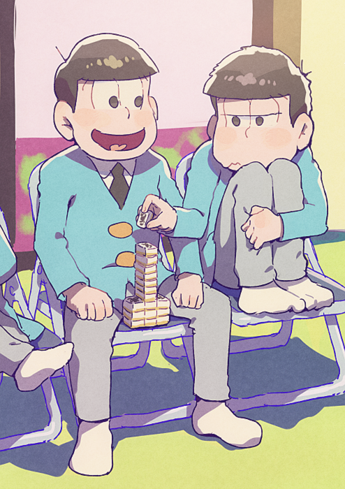 2boys ahoge antenna_hair aoki_(fumomo) aqua_jacket black_necktie blazer blunt_bangs brothers brown_eyes brown_hair business_suit buttons chair closed_mouth collared_shirt folding_chair formal_clothes frown full_body grey_pants half-closed_eyes heart heart_in_mouth holding holding_mahjong_tile indoors jacket knees_up light_blush long_sleeves looking_at_another mahjong mahjong_tile male_focus matsuno_ichimatsu matsuno_jyushimatsu messy_hair multiple_boys necktie no_shoes official_alternate_costume official_style on_chair osomatsu-san osomatsu_(series) pants shadow shirt short_hair shouji siblings sitting sliding_doors smile socks stacking suit v-neck wavy_mouth white_shirt white_socks
