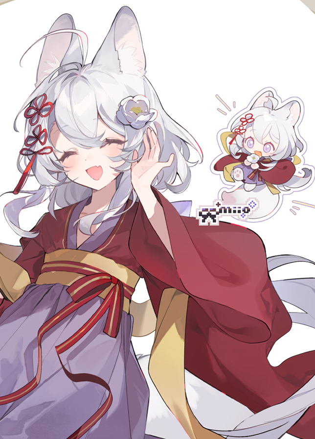 1girl ^_^ animal_ears animal_feet arin_(fanfan013) artist_name chibi closed_eyes commentary commission cowboy_shot eyelashes fang flower flower_knot fox_ears fox_tail hair_flower hair_ornament hair_ribbon hakama hakama_skirt hand_in_own_hair happy japanese_clothes kimono light_blush long_hair long_sleeves low_ponytail multiple_views notice_lines open_mouth original outline peony_(flower) ponytail purple_eyes purple_hakama red_kimono red_ribbon ribbon short_kimono sidelocks simple_background single_stripe skin_fang skirt smile striped_ribbon tail tassel tassel_hair_ornament very_long_hair waist_ribbon white_background white_flower white_hair white_outline wide_sleeves