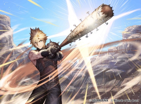 1boy armor baseball_bat cloud_strife copyright_notice final_fantasy final_fantasy_vii gloves holding holding_baseball_bat magic:_the_gathering nail_(hardware) nail_bat nakamura_eight official_art serious shoulder_armor single_shoulder_pad sleeveless sleeveless_turtleneck solo spiked_hair swinging_baseball_bat turtleneck