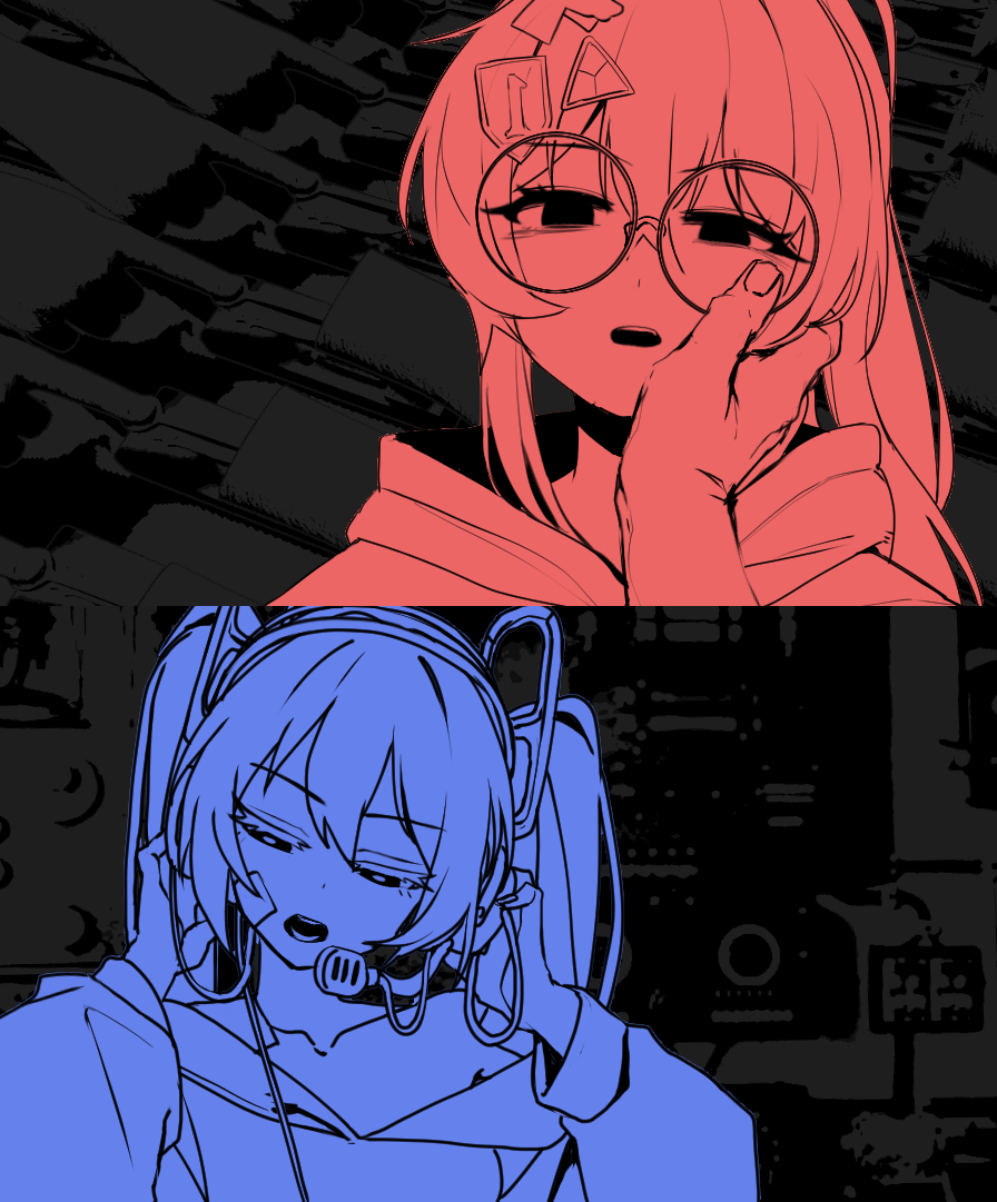 1boy 2girls glasses hood hoodie looking_at_viewer monochrome multiple_girls nine_(kanine41) original ponytail twintails twitter