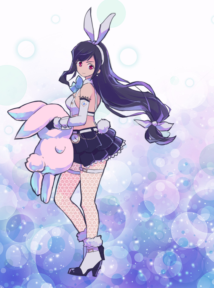 1girl animal_ear_hairband animal_ears bare_shoulders belt black_footwear black_hair black_skirt blue_background blue_bow blue_bowtie bow bowtie breasts crop_top detached_collar earrings elbow_gloves fake_animal_ears final_fantasy final_fantasy_vii final_fantasy_vii_ever_crisis fishnet_pantyhose fishnets full_body fur_anklet garter_straps gloves hair_ribbon hairband jewelry long_hair low-tied_long_hair medium_breasts midriff miniskirt nontraditional_playboy_bunny official_alternate_costume pantyhose pocket_watch rabbit_ear_hairband rabbit_ears rabbit_tail red_eyes ribbon saki_(hxaxcxk) shirt skirt solo standing stuffed_animal stuffed_rabbit stuffed_toy suspenders swept_bangs tail tifa_lockhart tifa_lockhart_(bunny_bustier) two-tone_footwear watch white_belt white_footwear white_gloves white_ribbon white_shirt wrist_cuffs
