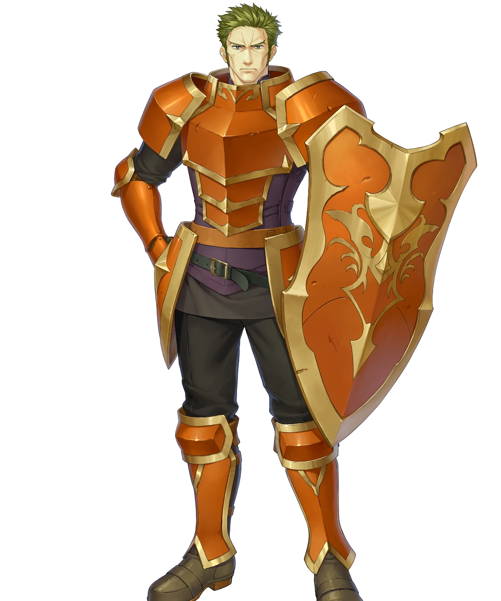 1boy armor cheekbones fire_emblem fire_emblem:_the_blazing_blade fire_emblem_heroes full_body green_eyes green_hair highres holding holding_shield looking_at_viewer male_focus mature_male nintendo official_art orange_armor oswin_(fire_emblem) shibayama_wankuro shield short_hair sideburns solo standing third-party_source transparent_background