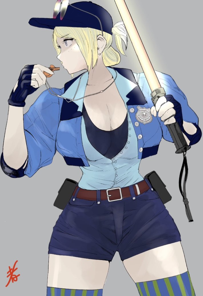 1girl baton_(weapon) belt blonde_hair blue_eyes breasts capcom cleavage curvy final_fight final_fight_3 fingerless_gloves gloves hat hiroshi_mono large_breasts lucia_morgan police police_badge police_hat police_uniform policewoman ponytail shiny_skin shorts sidelocks street_fighter street_fighter_v striped_clothes striped_thighhighs sunglasses sunglasses_on_head thick_thighs thighhighs thighs weapon whistle whistle_around_neck