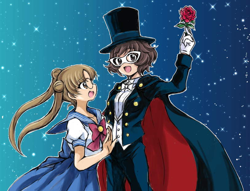 2girls akiyama_yukari bishoujo_senshi_sailor_moon black_cape blouse blue_background blue_sailor_collar blue_skirt brown_eyes brown_hair cape commentary_request cosplay cowboy_shot double_bun flower girls_und_panzer gloves gradient_background hagi_midori hair_bun hat juuban_middle_school_uniform long_hair looking_at_viewer messy_hair multiple_girls oono_aya red_flower red_rose rose sailor_collar school_uniform serafuku shirt short_hair skirt star_(symbol) star_symbol_background top_hat tsukino_usagi tsukino_usagi_(cosplay) tuxedo tuxedo_kamen tuxedo_kamen_(cosplay) twintails white_gloves white_shirt yuri