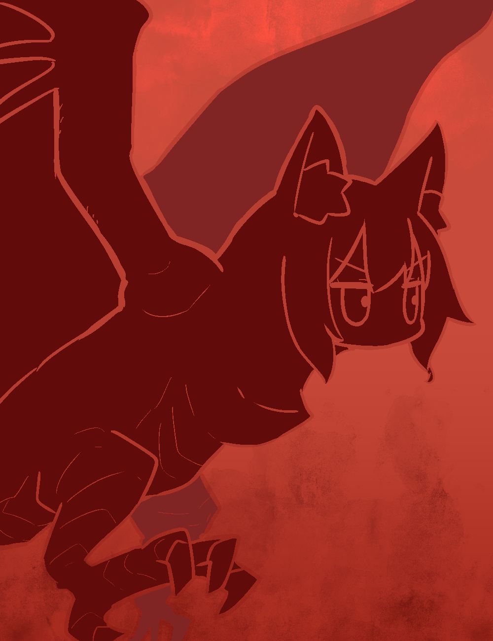 1girl animal_ear_fluff animal_ears female_focus fox_ears godzilla:_king_of_the_monsters godzilla_(series) hair_between_eyes highres kaiju kemomimi-chan_(naga_u) legendary_pictures looking_away monochrome monsterverse naga_u original red_theme rodan rodan_(monsterverse) sidelocks solo toho v-shaped_eyebrows wings