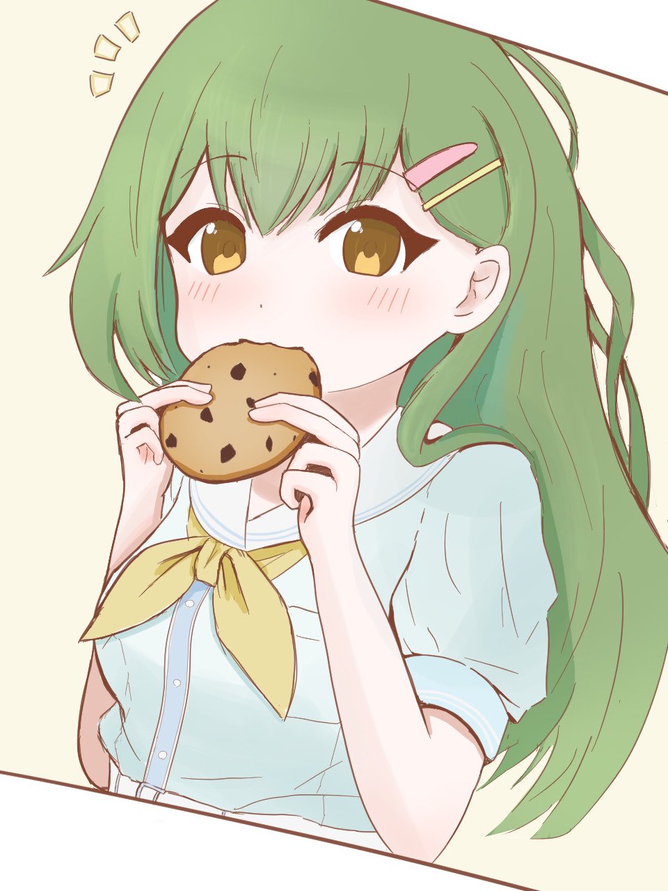 1girl :3 blue_dress blush breast_pocket breasts chocolate_chip_cookie commentary cookie dress eating food food_in_mouth green_hair hair_ornament hairclip hasu_no_sora_school_uniform highres holding holding_cookie holding_food link!_like!_love_live! long_hair looking_at_viewer love_live! medium_breasts neckerchief notice_lines ogami_sachi pocket puffy_short_sleeves puffy_sleeves sailor_collar school_uniform short_sleeves solo straight_hair summer_uniform swept_bangs tokusa_(sachi_biglove) upper_body white_sailor_collar yellow_eyes yellow_neckerchief