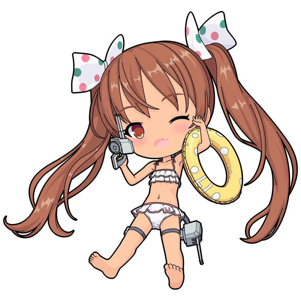 1girl ;d adapted_turret bare_shoulders barefoot bikini brown_eyes brown_hair dark-skinned_female dark_skin drink fang feet food full_body gun hair_ribbon holding holding_gun holding_weapon innertube kantai_collection libeccio_(kancolle) libeccio_(swimsuit)_(kancolle) long_hair looking_at_viewer navel official_alternate_costume one-take one_eye_closed open_mouth ribbon shaved_ice ship_turret smile soles solo swim_ring swimsuit thigh_strap twintails weapon white_bikini
