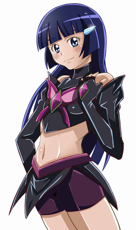 1girl aoki_reika bike_shorts blue_eyes cosplay dark_cure_(yes!_precure_5) dark_dream dark_dream_(cosplay) female_focus hand_on_own_hip jun_(666) long_hair midriff navel nishimura_chinami precure purple_hair simple_background smile smile_precure! solo voice_actor_connection white_background yes!_precure_5