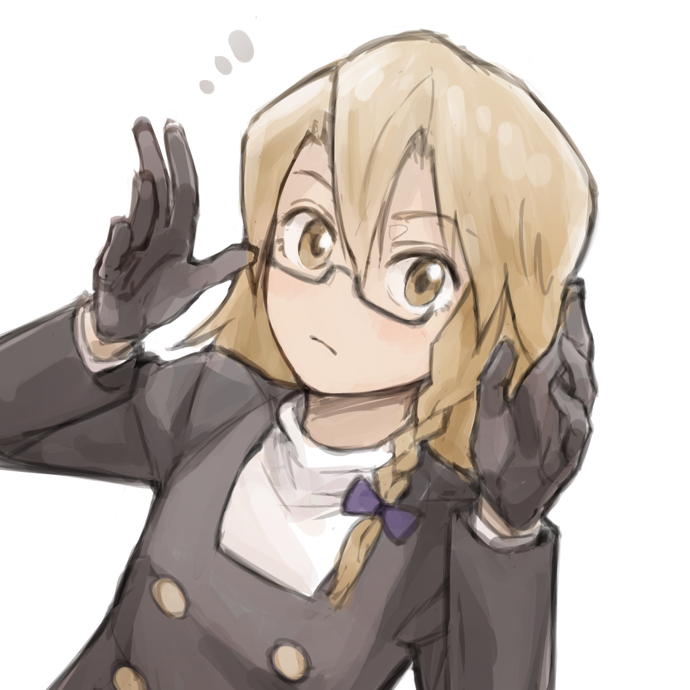 1girl bespectacled black-framed_eyewear black_coat black_gloves blonde_hair blush bow braid buttons closed_mouth coat commentary cookie_(touhou) dutch_angle expressionless glasses gloves hair_between_eyes hair_bow hands_up kirisame_marisa long_hair looking_at_viewer notice_lines rei_(cookie) semi-rimless_eyewear shirt side_braid simple_background single_braid solo touhou under-rim_eyewear upper_body white_shirt ym_(nicoseiga18386039)