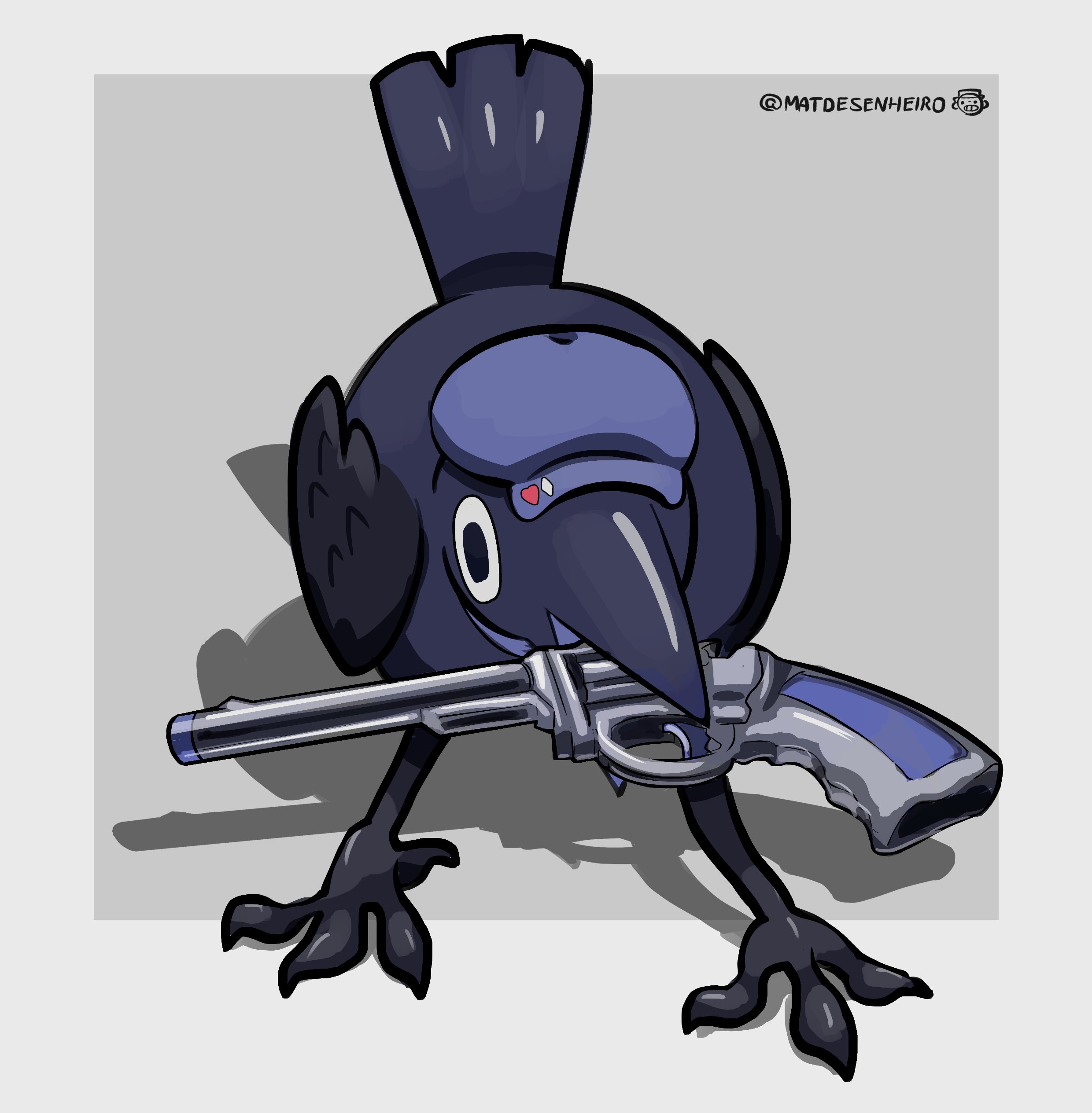absurdres animal_focus animalization bird blue_hat canuck_the_crow crow diamond_(shape) dokibird_(vtuber) dokibird_(vtuber)_(crowki) grey_background gun handgun hat heart highres indie_virtual_youtuber mat_(matdesenheiro) no_humans revolver shadow twitter_username virtual_youtuber weapon white_background