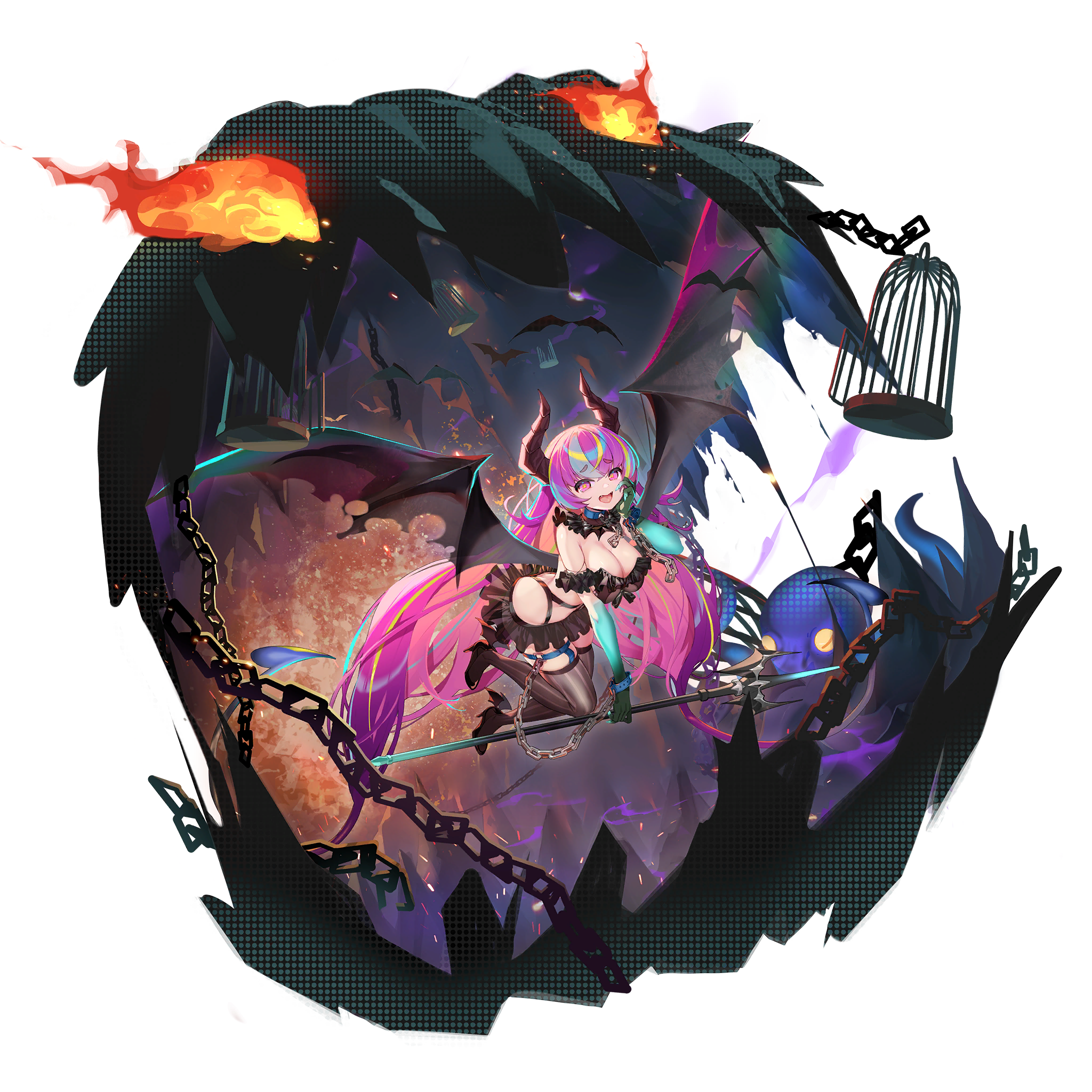 :d black_skirt black_thighhighs breasts cage chain cleavage demon_horns demon_wings flying game_cg girls'_frontline girls'_frontline_neural_cloud highleg highres holding holding_polearm holding_weapon horns large_breasts long_hair neon_palette official_alternate_costume official_art onono_imoko open_mouth pink_eyes pink_hair polearm puzzle_(neural_cloud) skirt smile thighhighs third-party_source weapon wings