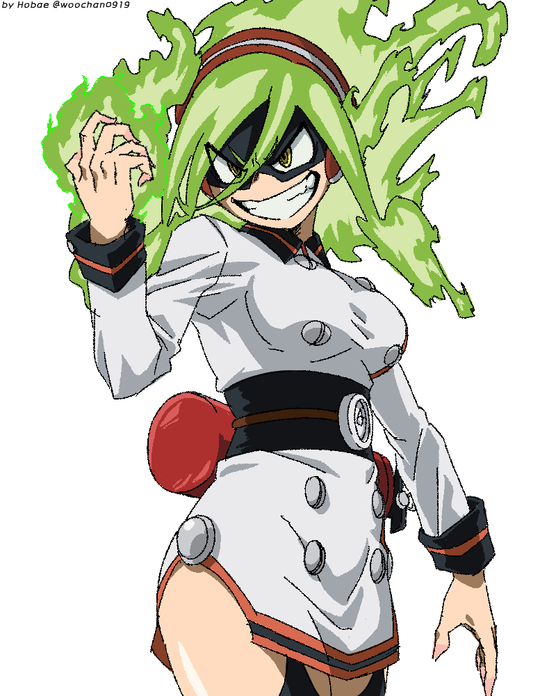 1girl black_mask boku_no_hero_academia breasts burnin_(boku_no_hero_academia) domino_mask dress eye_mask eyebrows_visible_through_mask fiery_hair green_eyes green_hair grin headband hobae_(woochan0919) long_sleeves mask medium_breasts red_headband simple_background smile solo studded teeth white_background white_dress