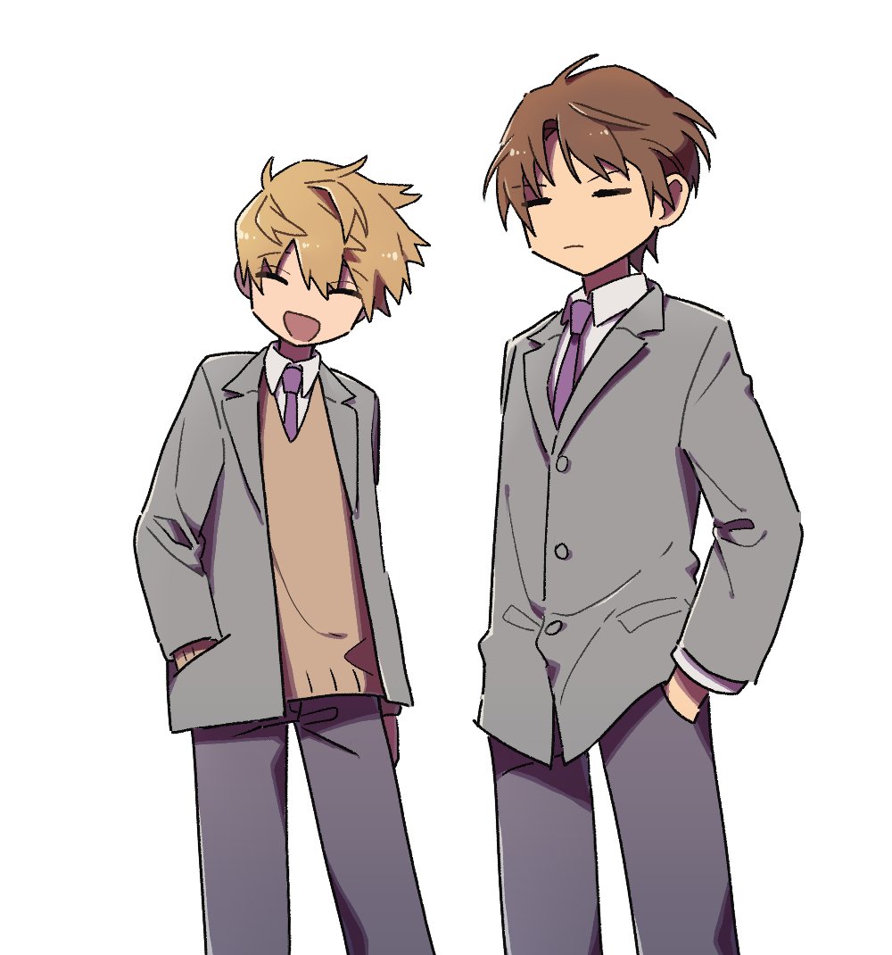 2boys =_= ^_^ arm_at_side bad_id bad_twitter_id blazer blonde_hair brown_hair closed_eyes collared_shirt cowboy_shot floating_hair grey_jacket hand_in_pocket head_tilt inukai_sumiharu jacket lapels long_sleeves male_focus multiple_boys nana_0253 necktie ninomiya_masataka pants purple_necktie purple_pants school_uniform shirt short_hair simple_background sweater unbuttoned white_background white_shirt world_trigger