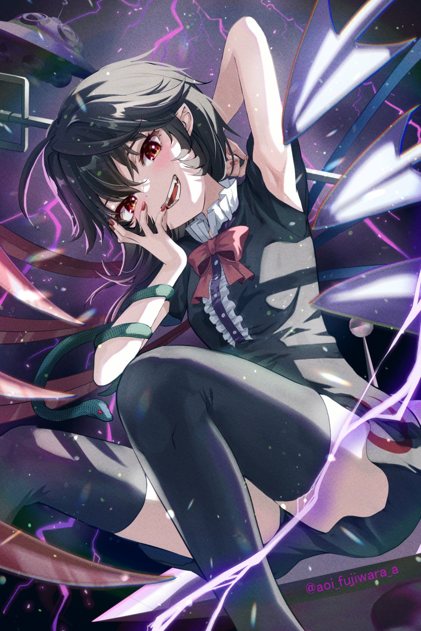 1girl ahoge arm_behind_head armpits asymmetrical_wings black_dress black_hair black_thighhighs blue_wings blush bow bowtie center_frills dress fangs feet_out_of_frame frills fujiwara_aoi hand_on_own_face head_tilt highres holding holding_weapon houjuu_nue lightning looking_at_viewer nue_day red_bow red_eyes red_wings short_dress short_hair short_sleeves sitting smile snake solo teeth thighhighs touhou twitter_username ufo weapon wings