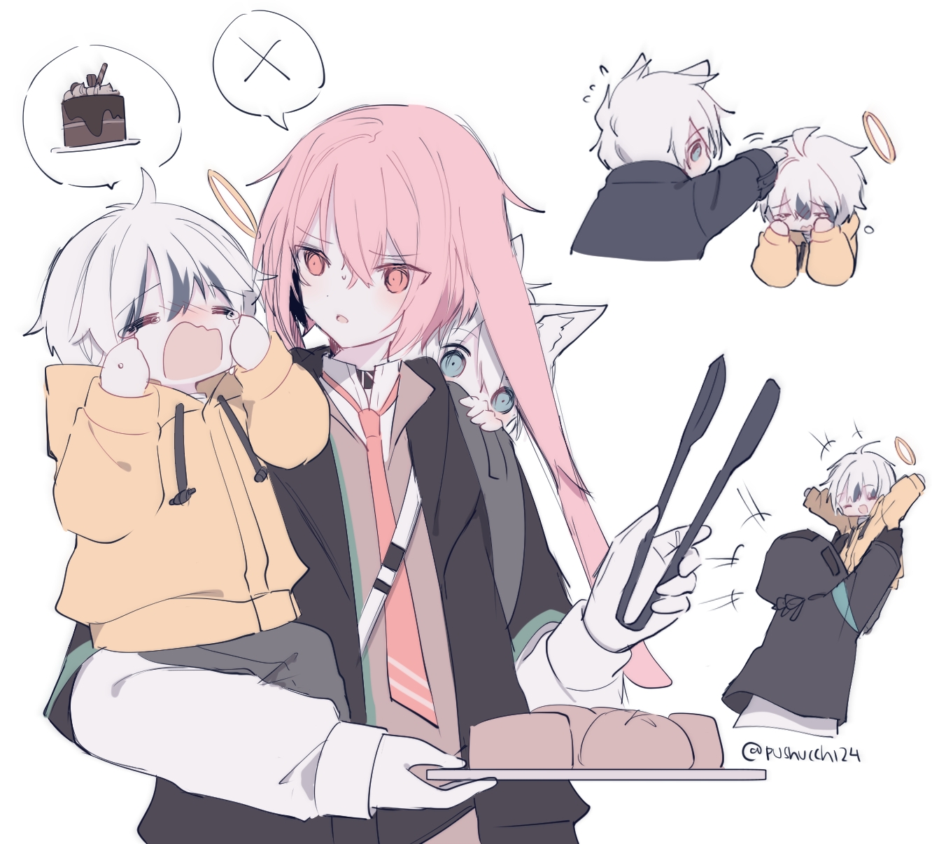 1other 3boys =_= ^^^ adnachiel_(arknights) aged_down ahoge animal_ears ansel_(arknights) arknights bag black_jacket blue_eyes brown_vest cake chibi chibi_inset collared_shirt comforting commentary crying doctor_(arknights) english_commentary facing_away food gloves grey_pants halo happy headpat highres hood hood_up hooded_jacket hoodie jacket long_sleeves lop_rabbit_ears multiple_boys necktie open_mouth outstretched_arms pants peeking pink_eyes pink_hair pushu rabbit_ears red_necktie shirt short_hair simple_background speech_bubble spoken_x spread_arms steward_(arknights) twitter_username vest white_background white_gloves white_hair white_shirt yellow_hoodie