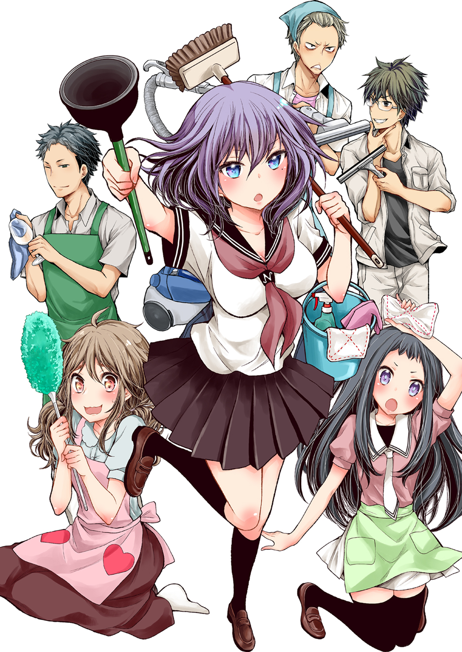 3boys 3girls amaguri_senko apron black_hair black_socks blue_eyes brown_hair bucket cup drinking_glass grey_hair hair_between_eyes henjo_~hen_na_joshi_kousei_amaguri_senko~ highres hoshi_natsuki kneehighs long_hair mole mole_under_eye momoki_riri multiple_boys multiple_girls pantyhose purple_hair school_uniform serafuku seto_ruka skirt socks sugita_kouhei takamura_ryou_(henjo) ubizo vacuum_cleaner white_legwear wine_glass