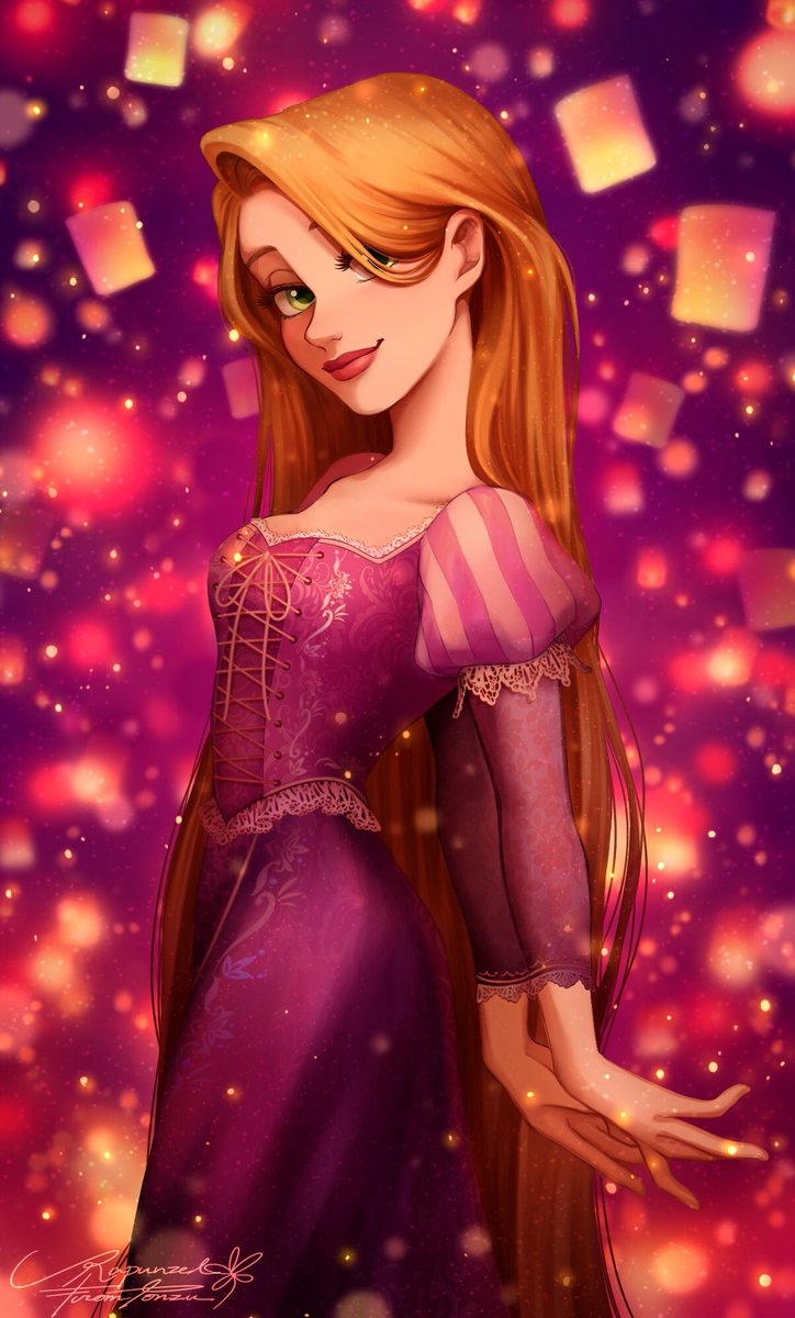 1girl blonde_hair character_name dress european_clothes green_eyes hair_behind_ear hair_over_one_eye highres long_hair looking_at_viewer ponsu_(ponzuxponzu) purple_dress rapunzel_(disney) signature smile solo tangled very_long_hair watermark