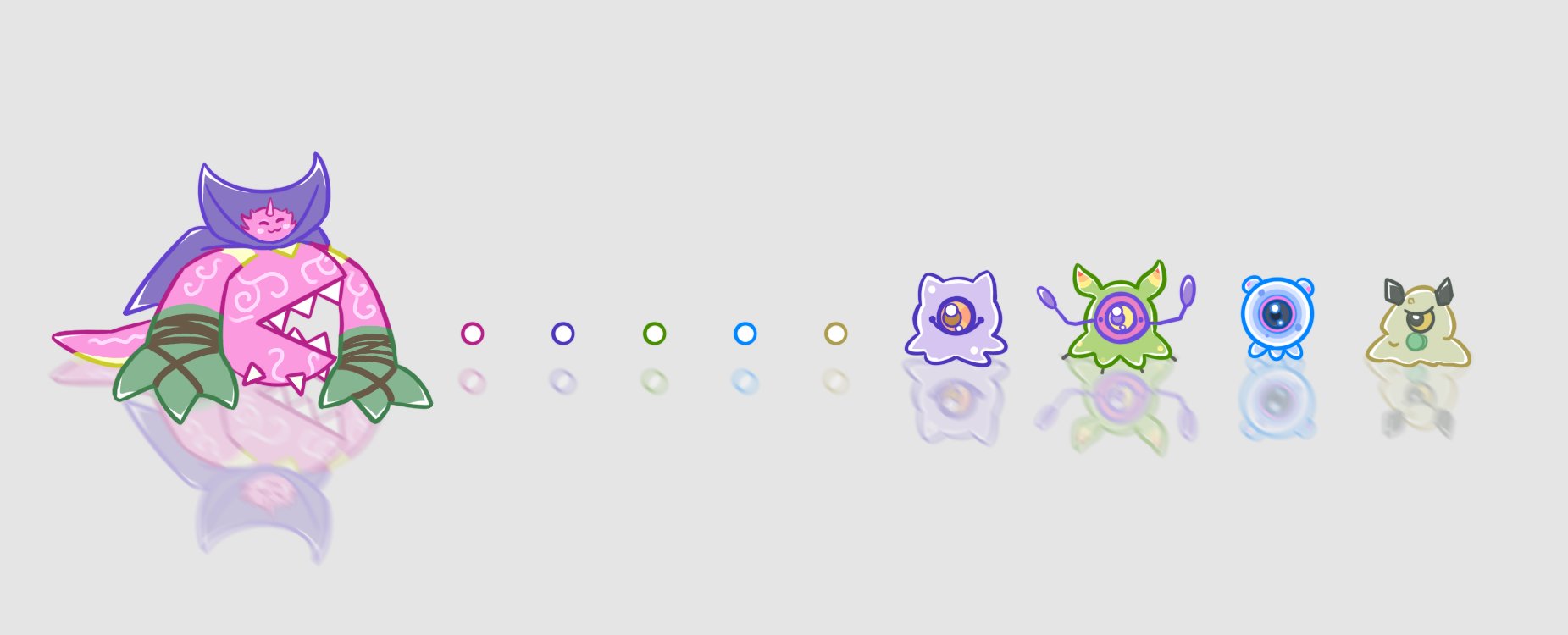 algomon algomon_baby_ii bacchusmon cape colored_skin digimon digimon_(creature) highres horns kuramon looking_at_another pac-man_(game) pink_skin puyomon sharp_teeth sunamon tail teeth