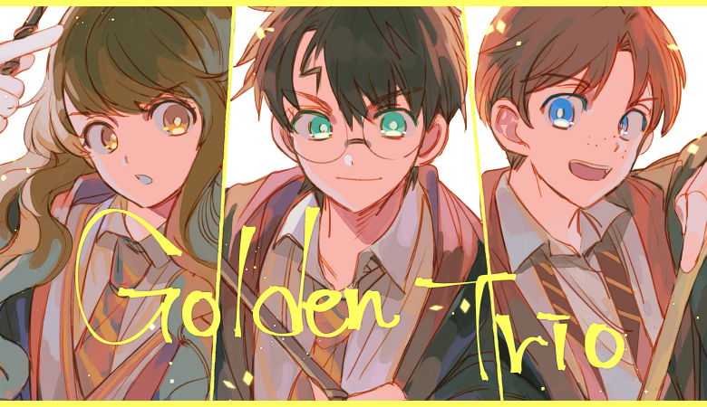 1girl 2boys blue_eyes brown_hair closed_mouth commentary_request freckles green_eyes gryffindor harry_potter harry_potter_(series) hermione_granger hogwarts_school_uniform holding holding_wand korean_commentary long_hair looking_at_viewer multiple_boys open_mouth ron_weasley scar scar_on_face school_uniform senzzang shirt short_hair simple_background smile upper_body wand white_background white_shirt wing_collar wizarding_world