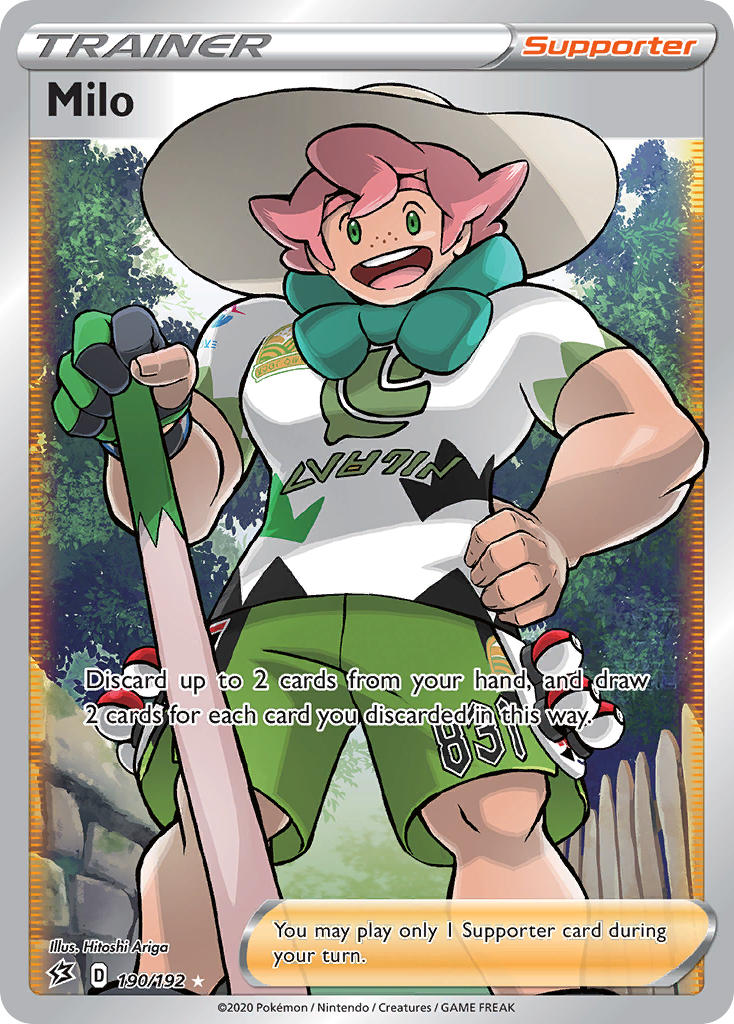 1boy :d ariga_hitoshi artist_name character_name company_name copyright_name copyright_notice english_text fence gloves green_eyes green_shorts hand_on_own_hip hat holding male_focus milo_(pokemon) muscular muscular_male nintendo no_sclera official_art open_mouth outdoors partially_fingerless_gloves pink_hair poke_ball poke_ball_(basic) pokemon pokemon_card pokemon_swsh pokemon_tcg shirt short_sleeves shorts single_glove smile solo teeth third-party_source trading_card tree upper_teeth_only white_hat white_shirt wooden_fence