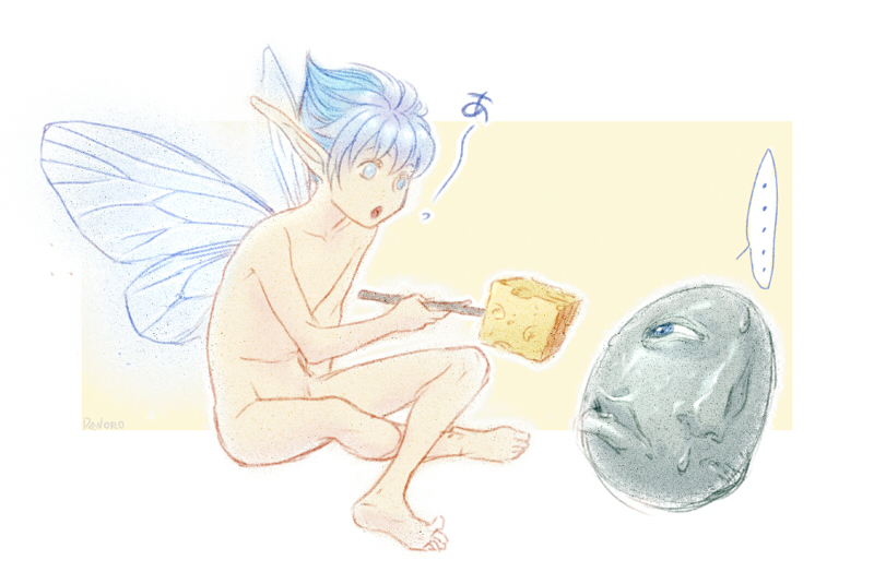 1990s_(style) 1boy artist_name behelit berserk blue_eyes blue_hair cheese denoro fairy_wings feeding food looking_at_another nude open_mouth pale_color pointy_ears puck_(berserk) sitting wings