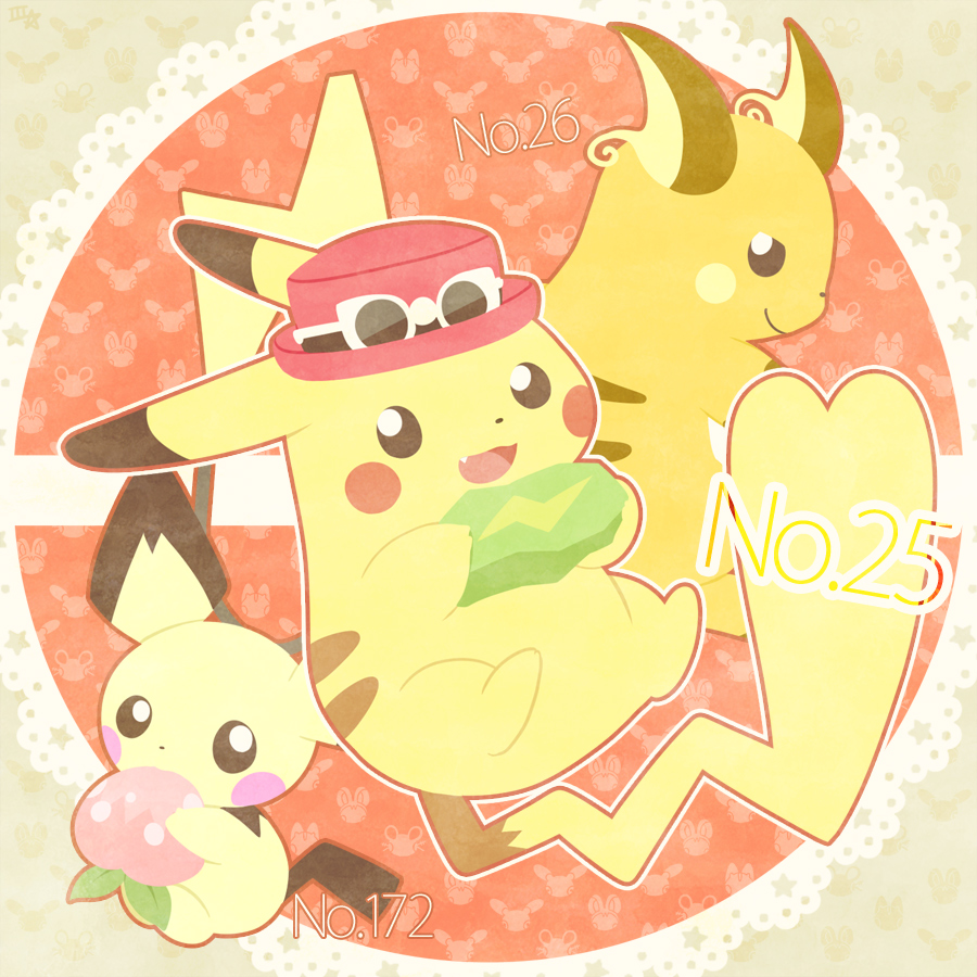 animal_focus berry_(pokemon) bright_pupils brown_eyes closed_mouth evolution_stone evolutionary_line evolutionary_stone fang game_freak gen_1_pokemon gen_2_pokemon hat nintendo no_humans open_mouth pecha_berry pichu pikachu pokemon pokemon_(creature) raichu samsung_(yuzuikka) smile sunglasses tail thunder_stone white_pupils