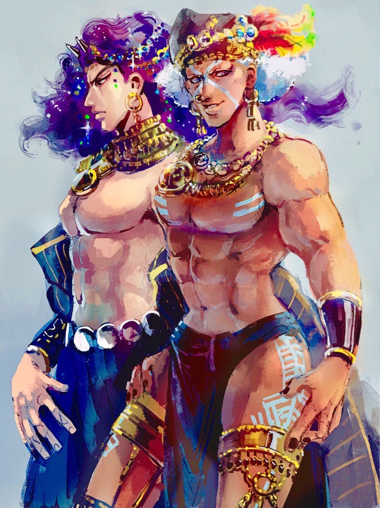 2boys bad_id bad_pixiv_id battle_tendency blue_hair bodypaint bracer chocoblood detached_sleeves earrings esidisi facepaint facial_mark hat hat_feather hoop_earrings horns jewelry jojo_no_kimyou_na_bouken kars_(jojo) large_pectorals legband loincloth male_focus multiple_boys muscular muscular_male neck_ring necklace pectorals pelvic_curtain purple_hair sparkle stole topless_male white_hair