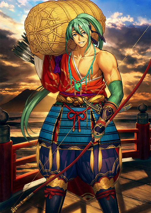 1boy arm_at_side arm_up armor armored_gloves arrow_(projectile) bead_necklace beads black_boots black_headband boots bow_(weapon) bridge carrying_over_shoulder cloud cloudy_sky double-parted_bangs elbow_gloves facial_scar fate/grand_order fate_(series) fingerless_gloves gloves green_gloves green_hair grin hadanugi_dousa hair_between_eyes headband high_ponytail holding holding_bow_(weapon) holding_weapon japanese_armor japanese_clothes jewelry kimono komedawara kusazuri legs_apart long_hair looking_at_viewer magatama magatama_necklace male_focus mountain necklace official_art open_kimono pants pectorals ponytail puffy_pants purple_eyes purple_pants purple_sash red_kimono rope sash scar scar_on_cheek scar_on_face sheath sheathed sidelocks simosi single_bare_shoulder single_glove sky smile solo standing tassel tasuki tawara_touta_(fate) teeth third-party_source toned toned_male variant_set very_long_hair weapon wide_sleeves