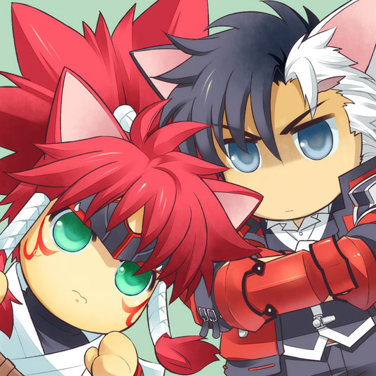 2boys aledy_naash animal_ears arisu_reiji banpresto black_hair blue_eyes cat_boy cat_ears chibi crossed_arms green_eyes hpa_(foolish_factory) kemonomimi_mode male_focus multicolored_hair multiple_boys namco_x_capcom ponytail red_hair simple_background super_robot_wars super_robot_wars_og_saga_mugen_no_frontier super_robot_wars_og_saga_mugen_no_frontier_exceed white_hair
