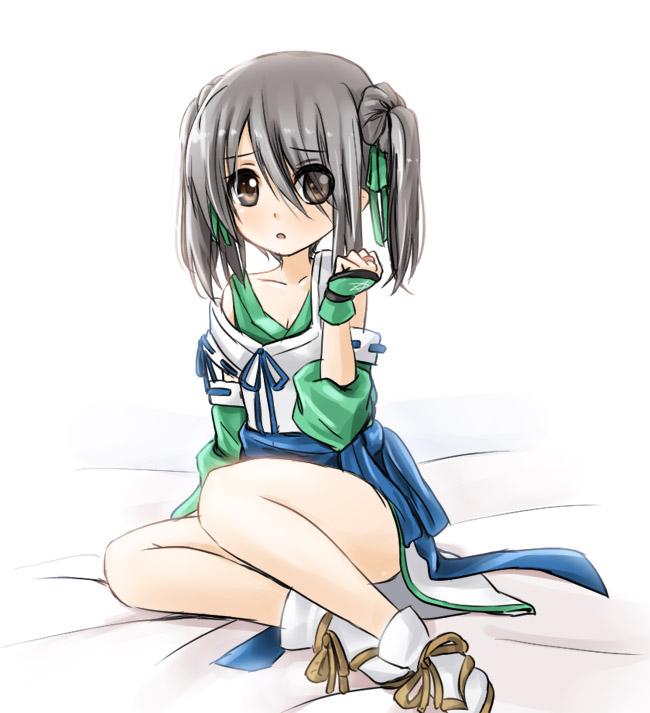 1girl brown_eyes detached_sleeves female_focus grey_hair japanese_clothes oda_nobuna_no_yabou onmyouji pentagram short_hair silent_sakia sitting solo takenaka_hanbee_(oda_nobuna_no_yabou) twintails
