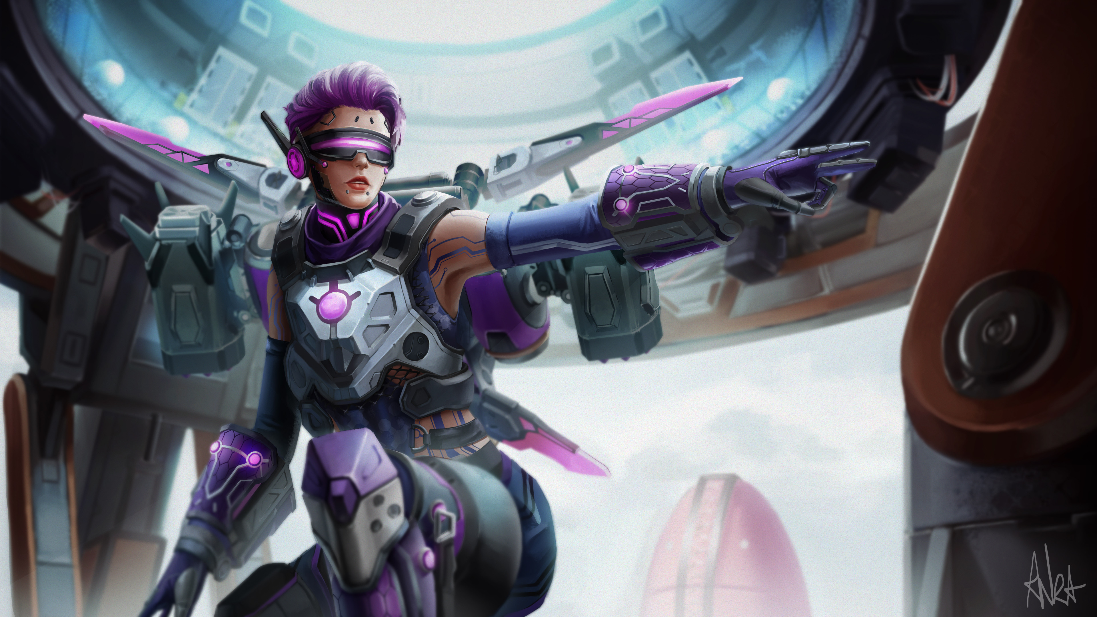 1girl absurdres air_orchid_valkyrie anoreika_tomoe apex_legends armor breastplate elbow_gloves face_piercing gloves head-mounted_display highres in-universe_location jetpack kneeling lip_piercing official_alternate_costume olympus_(apex_legends) parted_lips piercing pointing purple_gloves purple_hair red_lips short_hair solo valkyrie_(apex_legends)