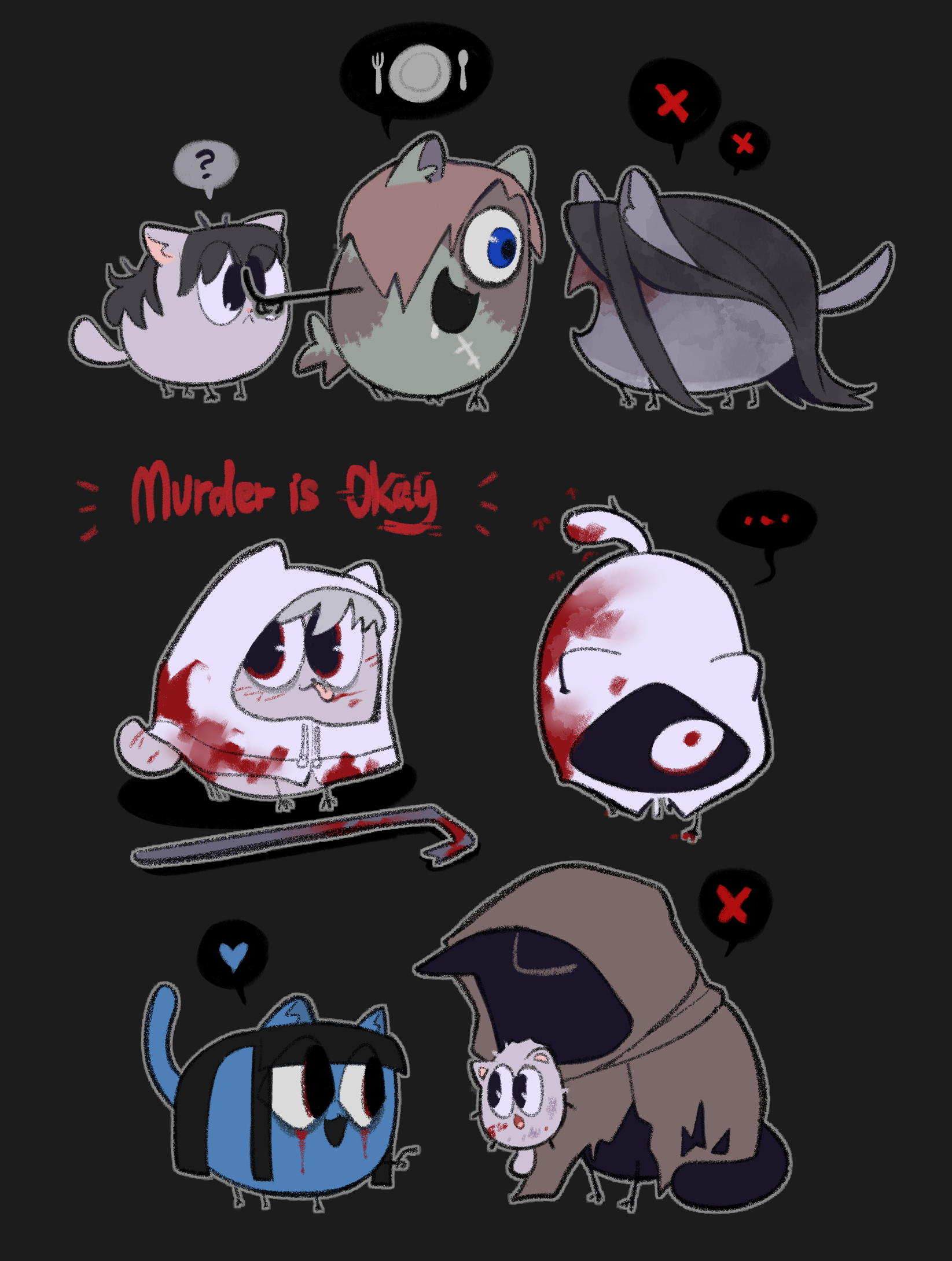 aged_down animal animalization baby_animal black_background black_eyes black_hair blood blood_on_face bloody_tears blue_eyes brown_cloak cat chinese_commentary chlorenw cloak clothed_animal commentary_request crowbar english_text heroine_(homicipher) highres holding holding_crowbar homicipher kitten long_hair mouth_hold mr._crawling mr._hood mr._stitch ms._blue-clad multiple_views raincoat red_eyes stitches white_raincoat