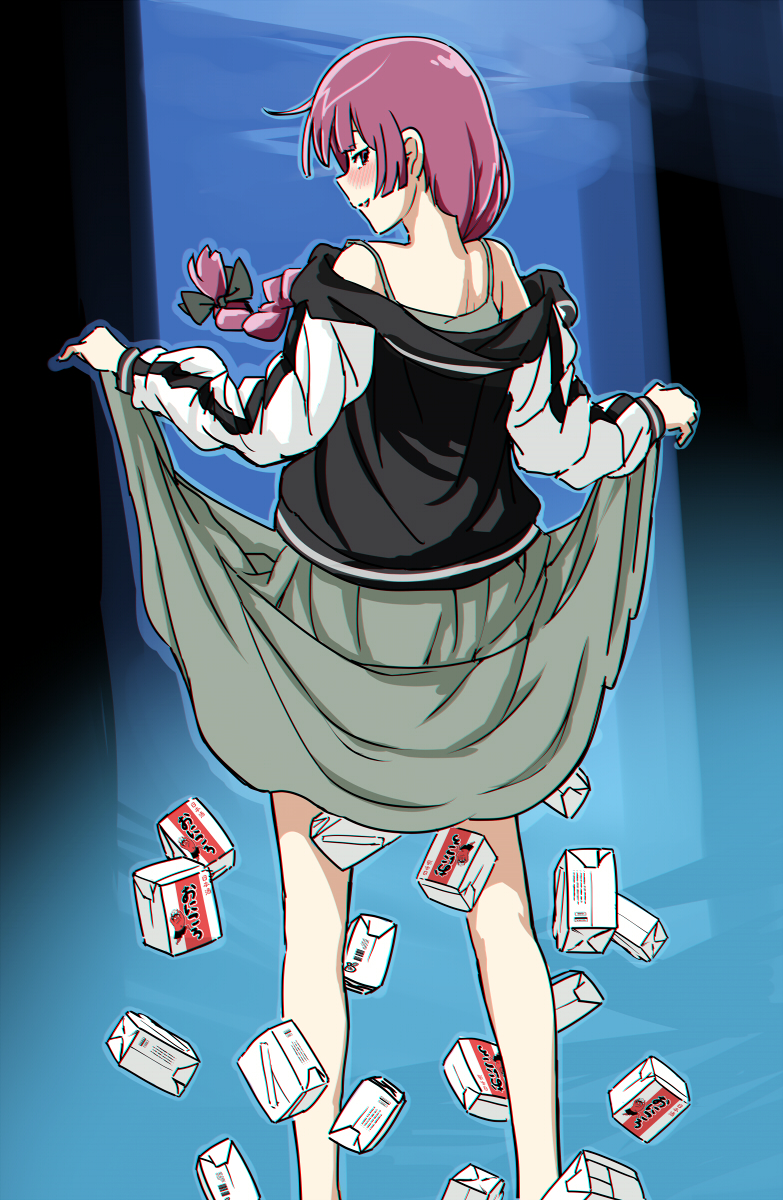 1girl alcohol_carton black_bow black_jacket bocchi_the_rock! bow braid clothes_lift dress dress_lift from_behind green_dress hair_bow highres hiroi_kikuri jacket looking_at_viewer monogatari_(series) purple_hair scene_reference senjougahara_pose single_braid sketch sleeveless sleeveless_dress solo torako_(toramaru)