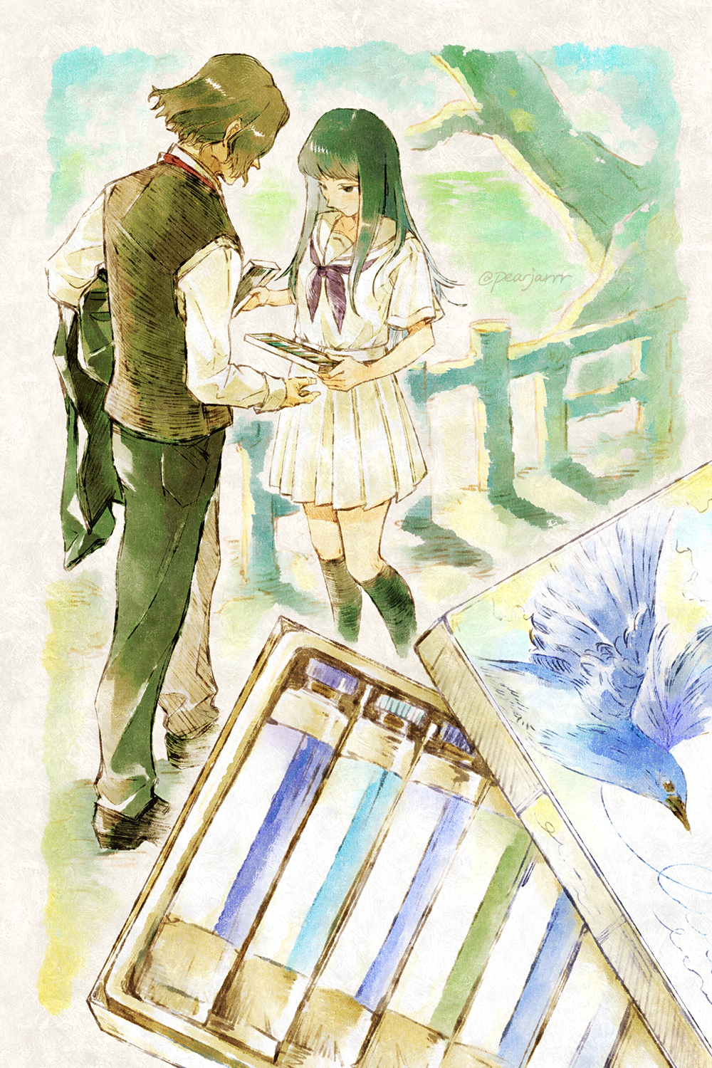 1boy 1girl bird black_hair black_socks blue_bird blue_neckerchief brown_hair fence highres holding holding_jacket holding_unworn_clothes jacket kara_no_shoujo kuchiki_touko long_sleeves looking_down neckerchief opening paint_tube pants pearjarrr pleated_skirt school_uniform shoes skirt smile socks standing tokisaka_reiji tree unworn_jacket vest waistcoat watercolor_effect white_skirt wooden_fence