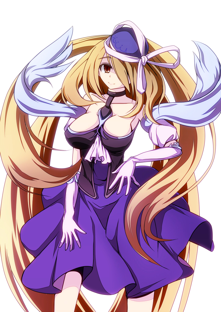 1girl alternate_eye_color bare_shoulders blonde_hair breasts choker cleavage collarbone detached_sleeves dress elbow_gloves female_focus gloves hair_over_one_eye hand_on_leg hand_on_own_hip hat hat_ribbon large_breasts long_hair merry_(diameri) orange_eyes pandora_(p&amp;d) puffy_short_sleeves puffy_sleeves purple_dress purple_hat puzzle_&amp;_dragons ribbon short_sleeves simple_background smile solo very_long_hair white_background white_gloves white_ribbon