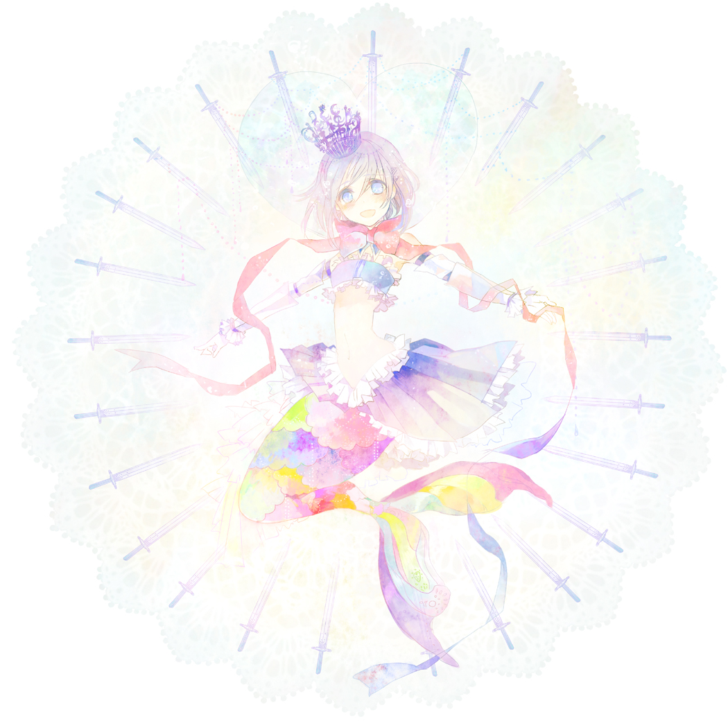10s 10t_(1010) 1girl bare_shoulders blue_eyes blue_hair crown detached_sleeves female_focus gloves hair_ornament hairclip heart magical_girl mahou_shoujo_madoka_magica mahou_shoujo_madoka_magica_(anime) matching_hair/eyes mermaid midriff miki_sayaka miki_sayaka_(magical_girl) monster_girl narrow_waist navel oktavia_von_seckendorff open_mouth outstretched_arms ribbon short_hair skirt smile solo spoilers spread_arms sword weapon white_gloves