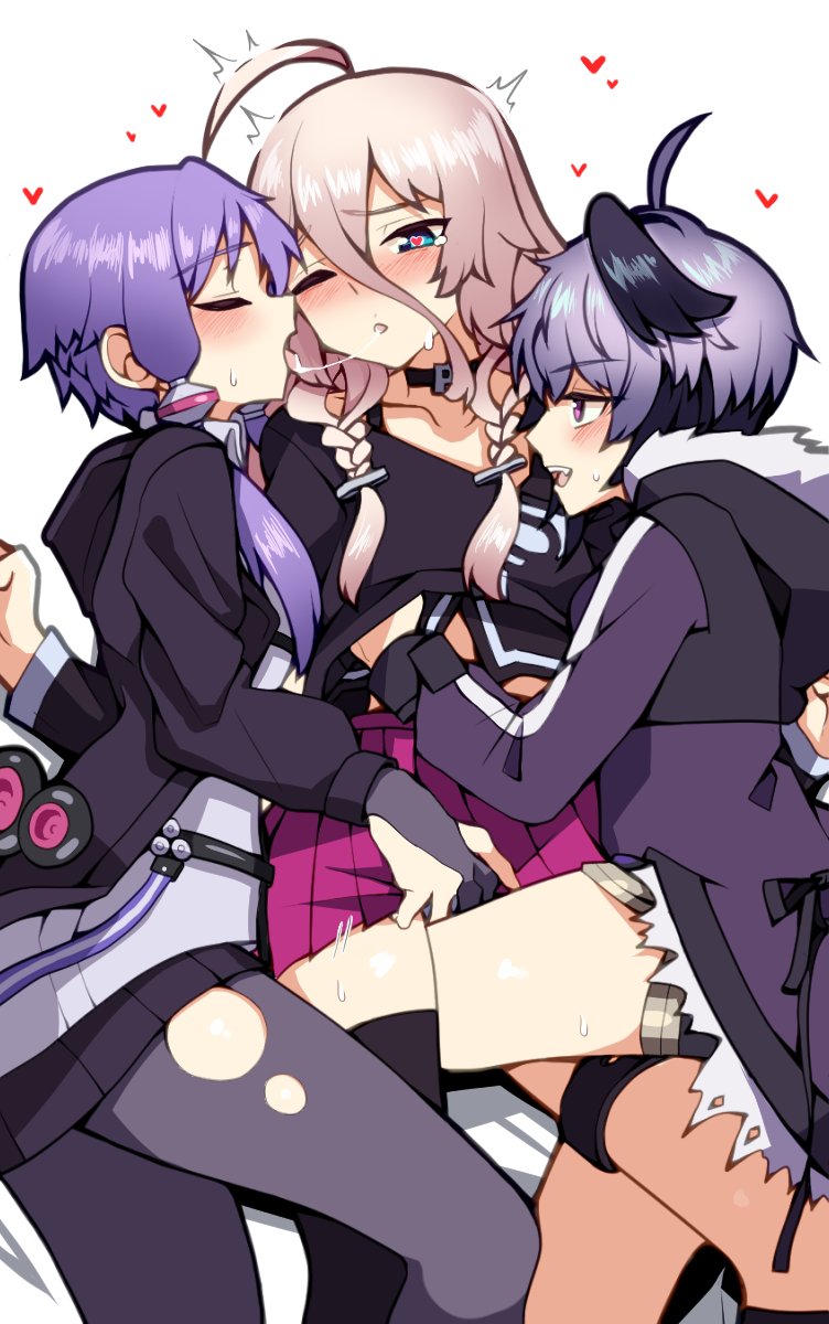 3girls flower_(vocaloid) group_sex heart heart-shaped_pupils highres ia_(vocaloid) kiss lifting_another&#039;s_clothes multiple_girls n0_image pink_hair purple_hair saliva saliva_trail symbol-shaped_pupils tearing_up threesome vocaloid yuri yuzuki_yukari