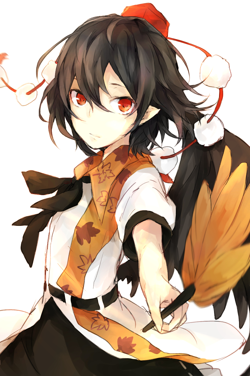 1girl belt bird_wings black_belt black_hair black_ribbon black_skirt black_wings closed_mouth collared_shirt commentary_request feathered_wings hand_fan hasunokaeru hat hauchiwa highres holding holding_fan leaf_print looking_at_viewer pointy_ears pom_pom_(clothes) puffy_short_sleeves puffy_sleeves red_eyes red_hat ribbon shameimaru_aya shirt short_hair short_sleeves skirt tengu tokin_hat touhou upper_body white_shirt wings