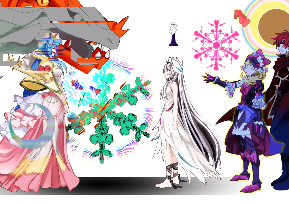 1boy 3girls armor black_hair blonde_hair blue_hair chained_legs fire_emblem fire_emblem_engage frilled_headwear hair_ornament hair_over_one_eye long_hair looking_at_another lumera_(fire_emblem) marni_(fire_emblem) mature_female multicolored_hair multiple_girls nintendo petite red_armor roy_(fire_emblem) shoochiku_bai two-tone_hair very_long_hair veyle_(fire_emblem) wavy_hair wing_hair_ornament