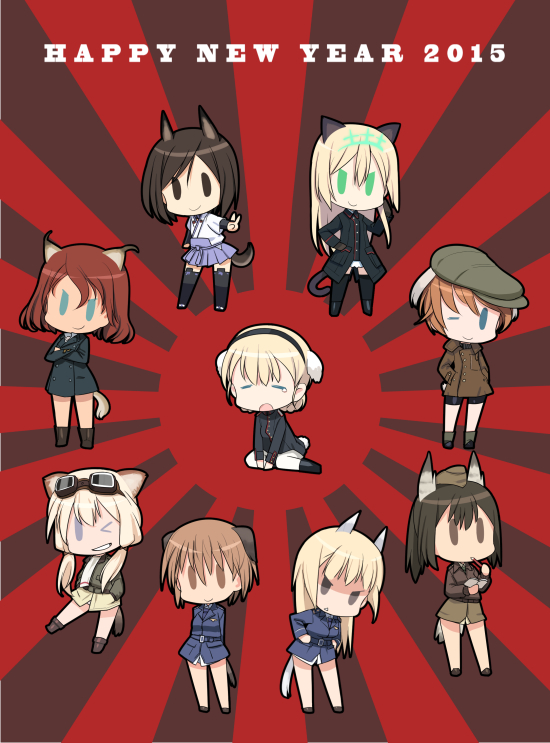 &gt;:) 10s 2015 3girls 6+girls =_= adriana_visconti animal_ears bike_shorts bird_tail black_legwear blonde_hair blue_eyes braid brown_eyes brown_hair carla_j._luksic cat_ears cat_girl cat_tail chibi closed_eyes crossed_arms dog_ears dog_girl dog_tail geena_preddy green_eyes grin hairband hakama hakama_short_skirt hakama_skirt hand_on_own_hip hands_in_pockets hands_on_own_hips happy_new_year head_wings heinrike_prinzessin_zu_sayn-wittgenstein hirschgeweih_antennas horse_ears horse_girl horse_tail isabelle_du_monceau_de_bergendal japanese_clothes jennifer_j_deblanc kuroda_kunika long_hair long_sleeves marian_e._carl military military_uniform multiple_girls new_year noble_witches one_eye_closed open_mouth pantyhose red_hair rising_sun_flag rosalie_de_hemricourt_de_grunne shimada_fumikane short_hair sitting skirt smile solid_oval_eyes strike_witches sunburst tail tears thighhighs v v-shaped_eyebrows white_legwear wings world_witches_series