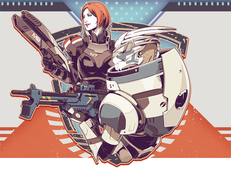 1boy 1girl assault_rifle commander_shepard commander_shepard_(female) garrus_vakarian gun mass_effect_(series) n7_armor rifle sniper_rifle tumblr tumblr_username turian weapon wei