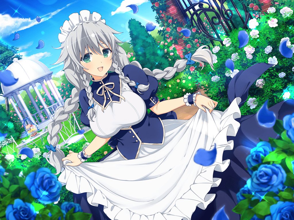 1girl apron blue_flower blue_petals blue_rose blue_sky blush bow braid braided_sidelock breasts bush chair cloud corset cosplay crossover cup day dress falling_petals flower food frilled_apron frilled_wrist_cuffs frills fruit garden gate gazebo ginrei_(senran_kagura) grass grayfia_lucifuge grayfia_lucifuge_(cosplay) green_eyes grey_hair hair_bow hair_flower hair_ornament high_school_dxd high_school_dxd_hero large_breasts light_particles long_hair looking_at_viewer maid maid_apron maid_headdress multiple_hair_bows official_alternate_costume open_mouth outdoors petals pink_flower pink_rose plant puffy_short_sleeves puffy_sleeves quad_braids red_flower red_rose rose saucer senran_kagura senran_kagura_new_link senran_kagura_new_wave short_sleeves sky smile solo sparkle strawberry sunlight sweets teacup tiered_tray tree twin_braids underbust white_flower white_rose wrist_cuffs yaegashi_nan