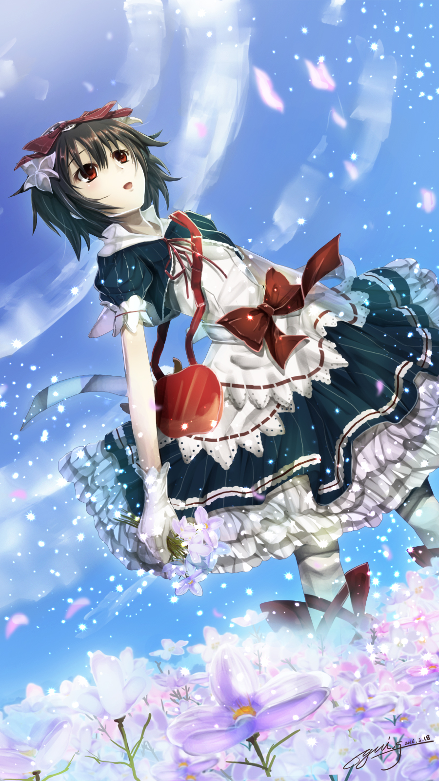 1girl :o bag black_hair blue_sky blush bow cowboy_shot dated day dress dutch_angle female_focus flower frilled_dress frills from_below gloves hair_bow hair_flower hair_ornament handbag highres holding holding_flower open_mouth outdoors puffy_short_sleeves puffy_sleeves red_eyes short_hair short_sleeves signature sky solo standing walking white_gloves white_legwear wind yuitsuki1206