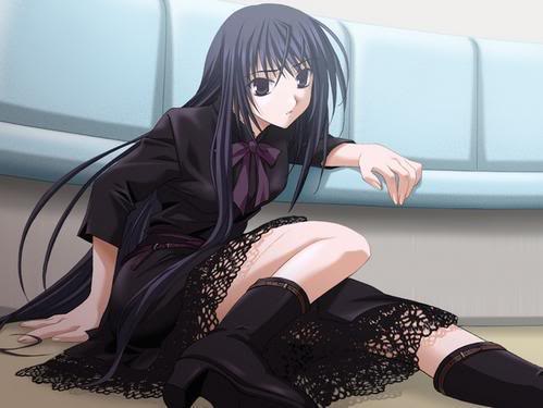 1girl ahoge arm_support belt blue_eyes blue_hair blue_upholstery boots bow bowtie couch dress ever_17 female_focus game_cg goth_fashion high_heels komachi_tsugumi lace long_hair lowres matching_hair/eyes on_floor scar shoes sitting solo takigawa_yuu very_long_hair