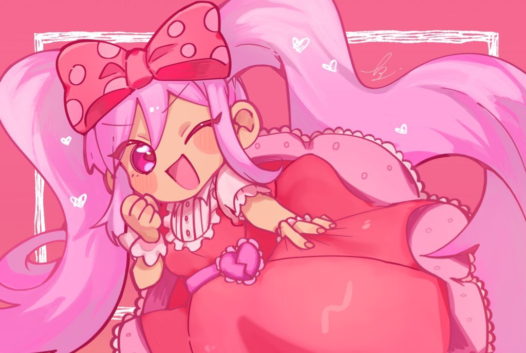 1girl bow chibi chibi_only dress hair_bow long_hair looking_at_viewer nata_kadu omori one_eye_closed pink_background pink_bow pink_dress pink_eyes pink_hair pink_nails polka_dot polka_dot_bow short_sleeves solo sweetheart_(omori) twintails