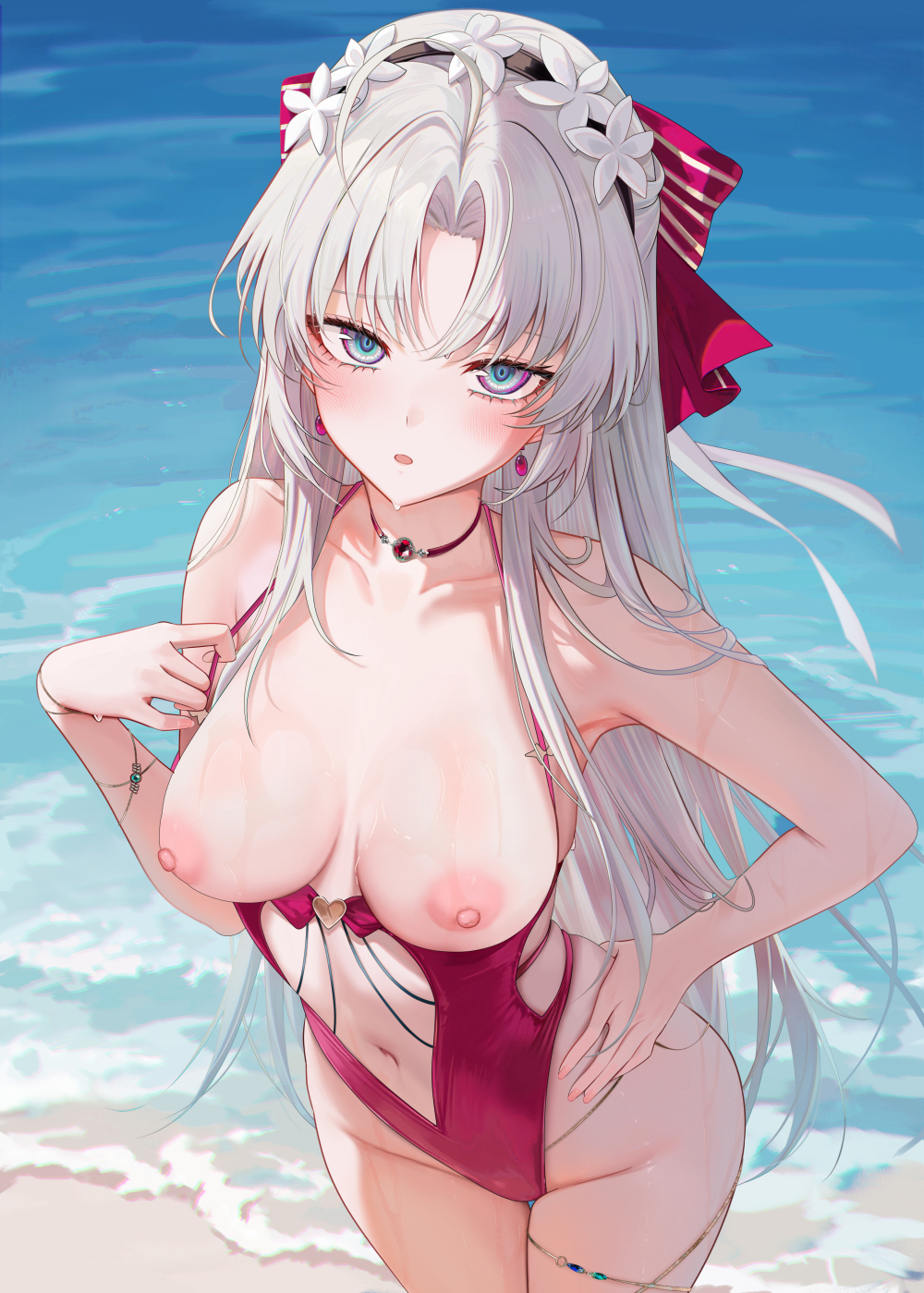 1girl alternate_costume aqua_eyes bare_shoulders blush bow breasts breasts_out carlotta_(wuthering_waves) casual_one-piece_swimsuit center_opening collarbone commentary cowboy_shot earrings hair_bow hand_on_own_hip highleg highleg_one-piece_swimsuit highres jewelry large_breasts long_hair looking_at_viewer navel nipples one-piece_swimsuit outdoors paid_reward_available parted_bangs parted_lips pink_bow pink_one-piece_swimsuit ru_zhai shore solo stomach striped_bow swimsuit symbol-only_commentary very_long_hair water wet white_hair wuthering_waves